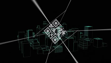 Animation-Von-QR-Code-Und-Datenverarbeitung-über-Der-Stadt