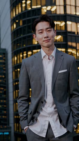 businessman in front of city buildings