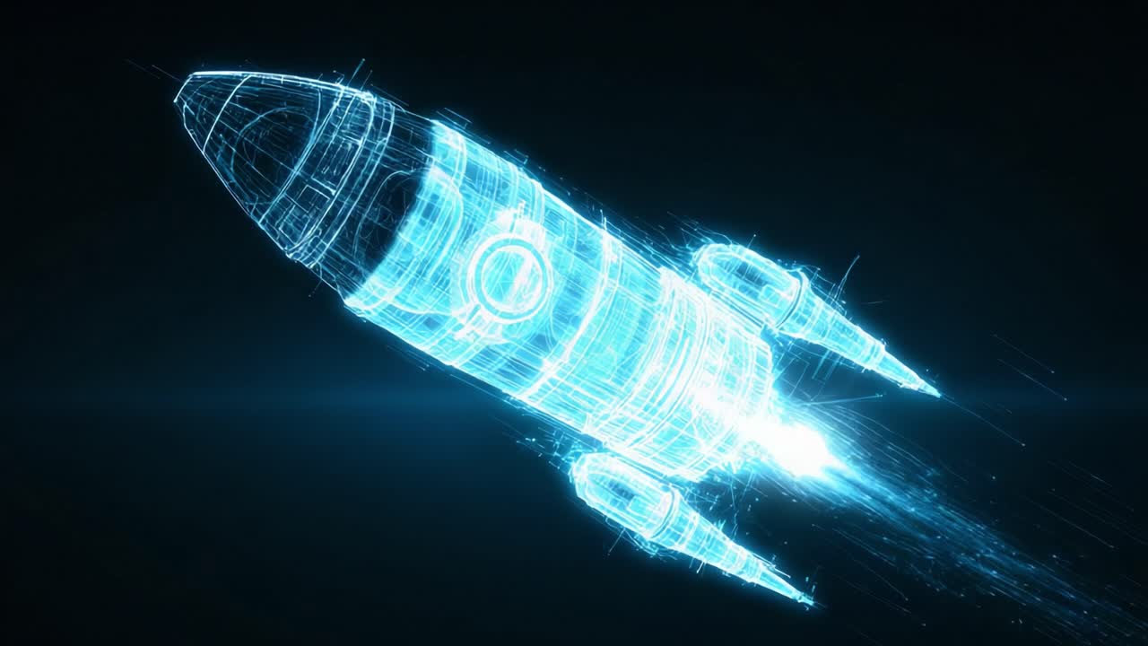 Digital wireframe rocket ship flying through space. Representing concepts of future technology. Business startup. Speed. And innovation. The glowing blue shuttle animation showcases futuristic travel