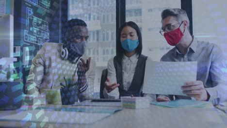 animation of data processing over diverse business people with face masks discussing