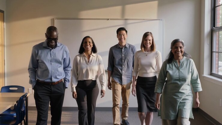Smiling, center lead and four stepping toward camera in classroom by whiteboard, workwear