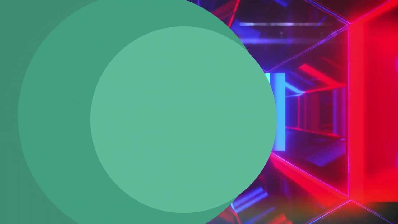 animación de formas geométricas verdes sobre luces geométricas de colores brillantes