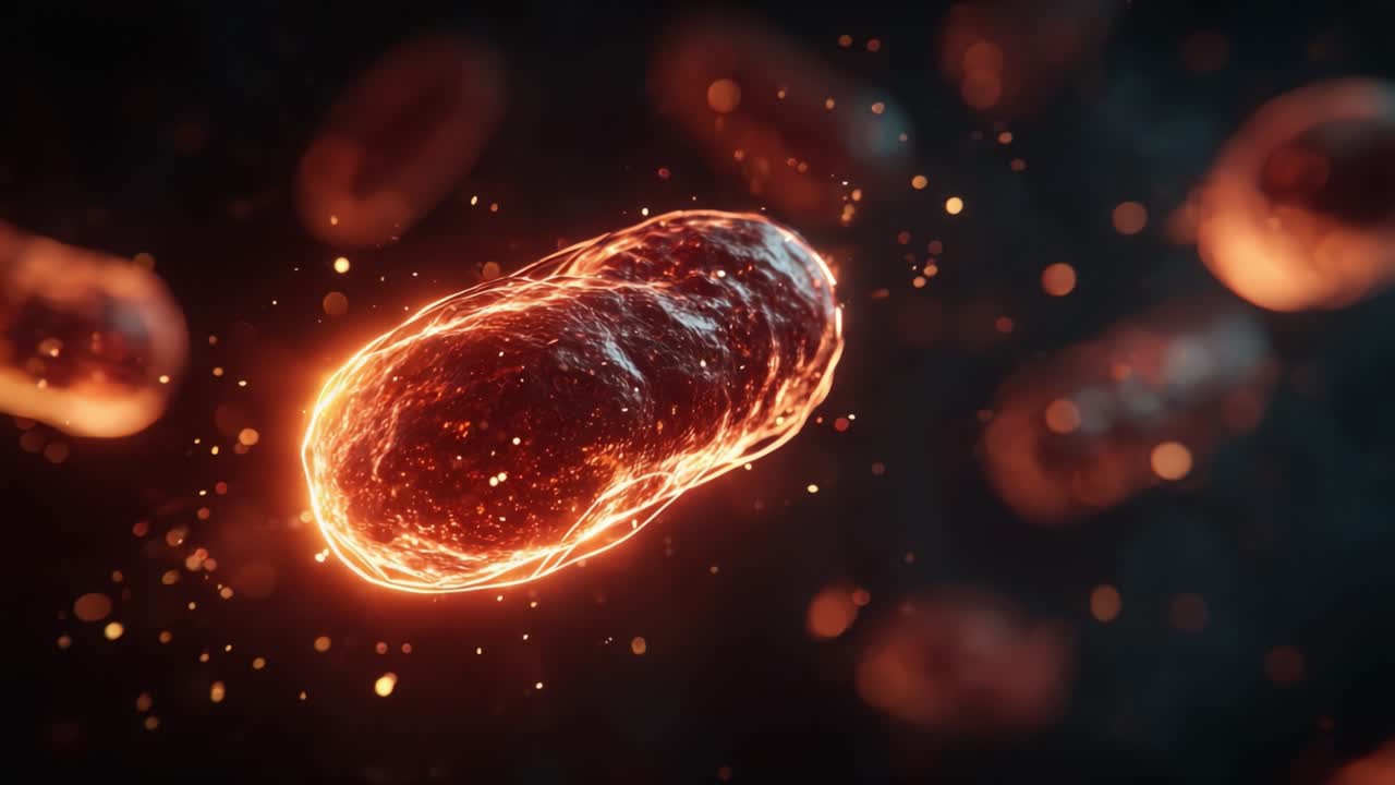 Vista dinamica di microrganismi luminosi catturati con incredibile dettaglio, che mostrano batteri luminescenti su uno sfondo scuro con piccole macchie di luce che li circondano.