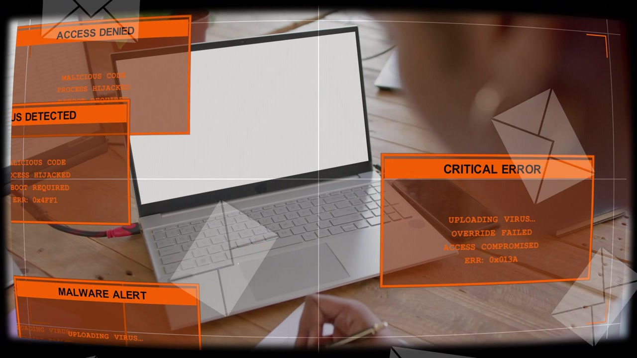 Femme prenant des notes à son bureau, icônes d'e-mail apparaissant, provoquant des alertes de sécurité HUD bloquant l'ordinateur portable