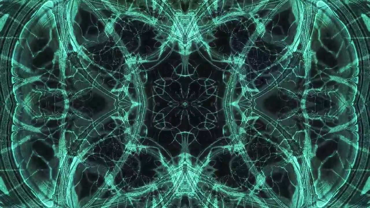 Patrón fractal abstracto verde azulado pulsando con movimiento simétrico