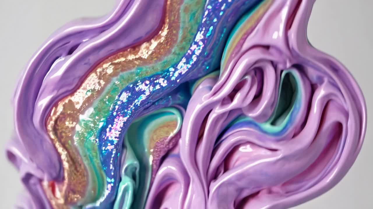 Video en primer plano de texturas de pintura coloridas y arremolinadas en tonos pastel, mostrando una escena dinámica y abstracta.