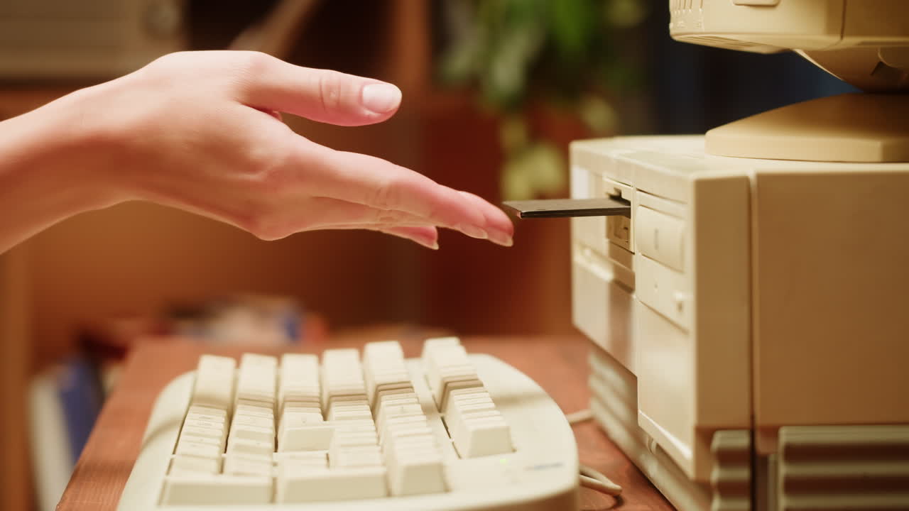Person inserting a floppy disk into an old computer.