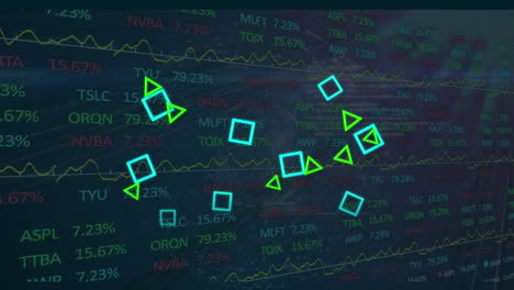 Animation-Der-Finanzdatenverarbeitung-Und-Geometrischer-Formen-Auf-Blauem-Hintergrund