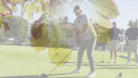 animación de árboles sobre una pareja caucásica mayor jugando al golf en el campo de golf
