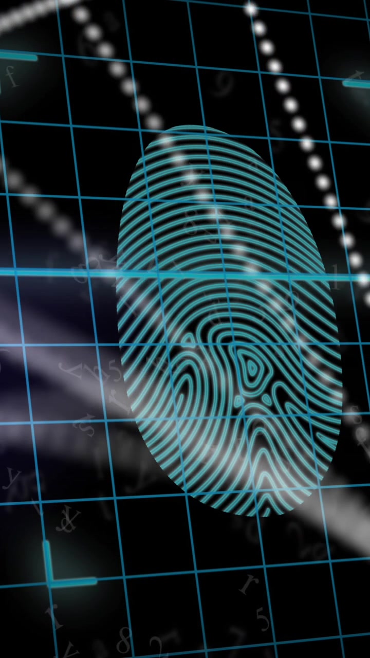 Animation of biometric fingerprint scanner and dna structure spinning against black background