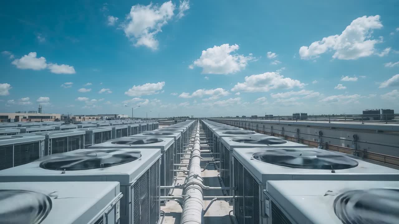 Telecamera che segue il movimento lungo il tetto, evidenziando file di unità HVAC, ventole che girano e un tubo centrale.