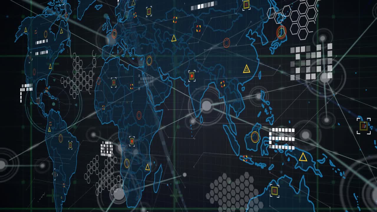 Animation of network of connections over grid network against world map on purple background