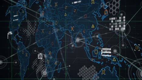 animation of network of connections over grid network against world map on purple background