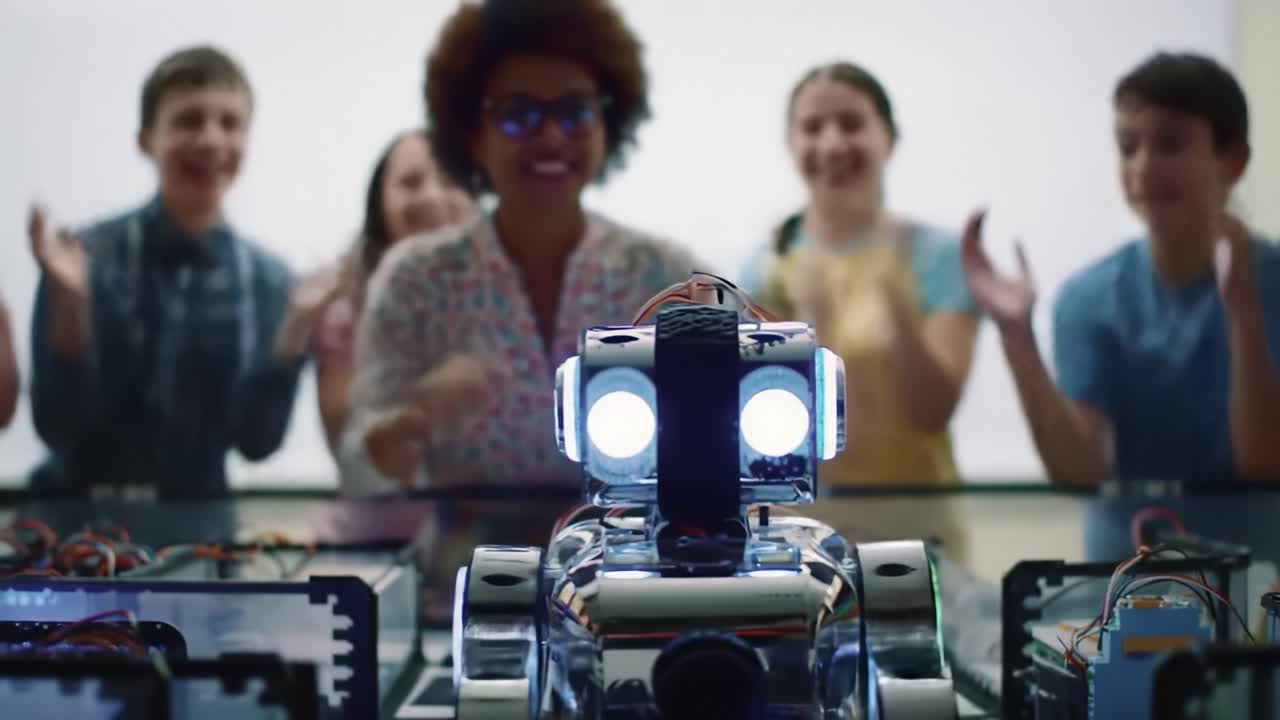 Students experience an interactive robotics demonstration featuring a shiny robot. Enthusiastic reactions from the audience create a lively atmosphere, promoting STEM education in an engaging way.