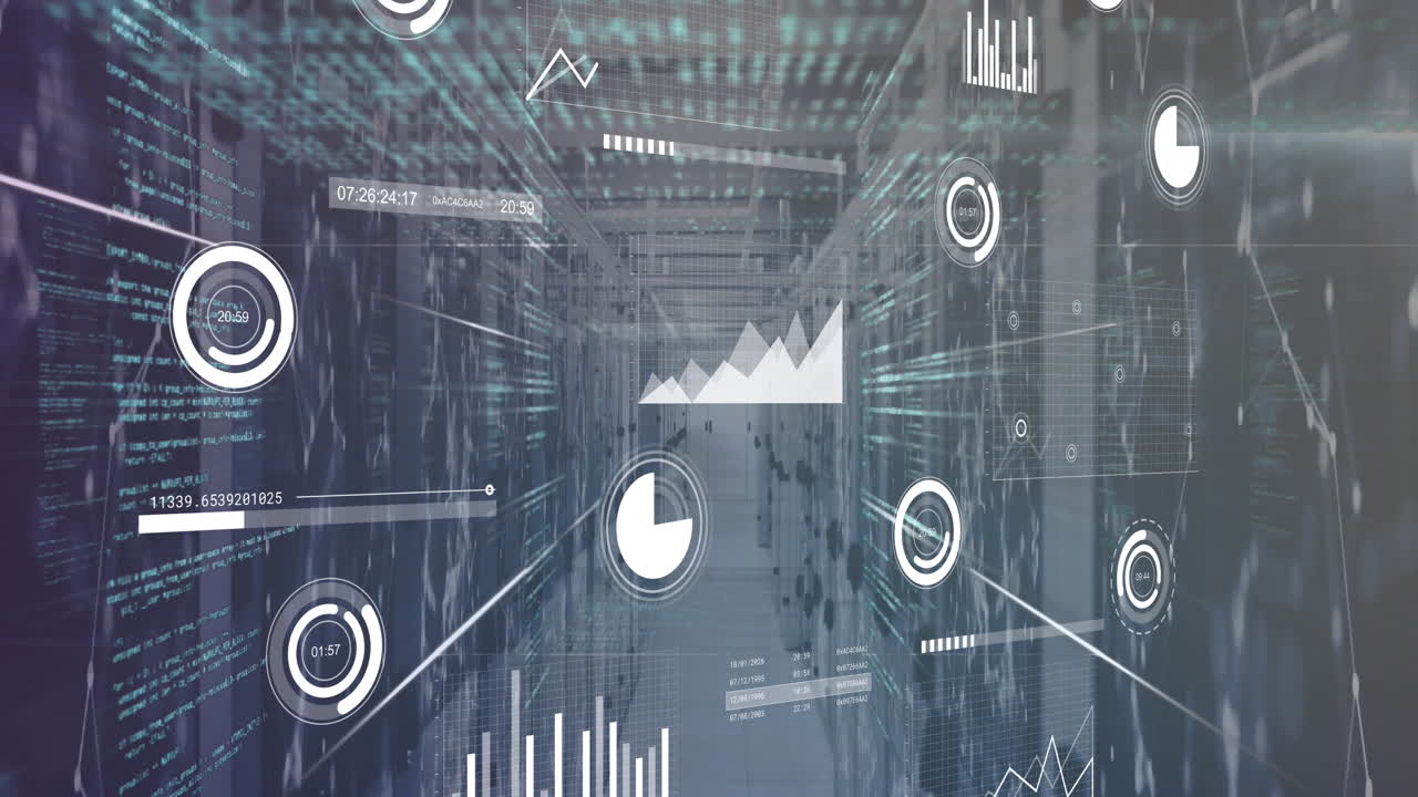 Animation of statistical data processing and network of connections against computer server room