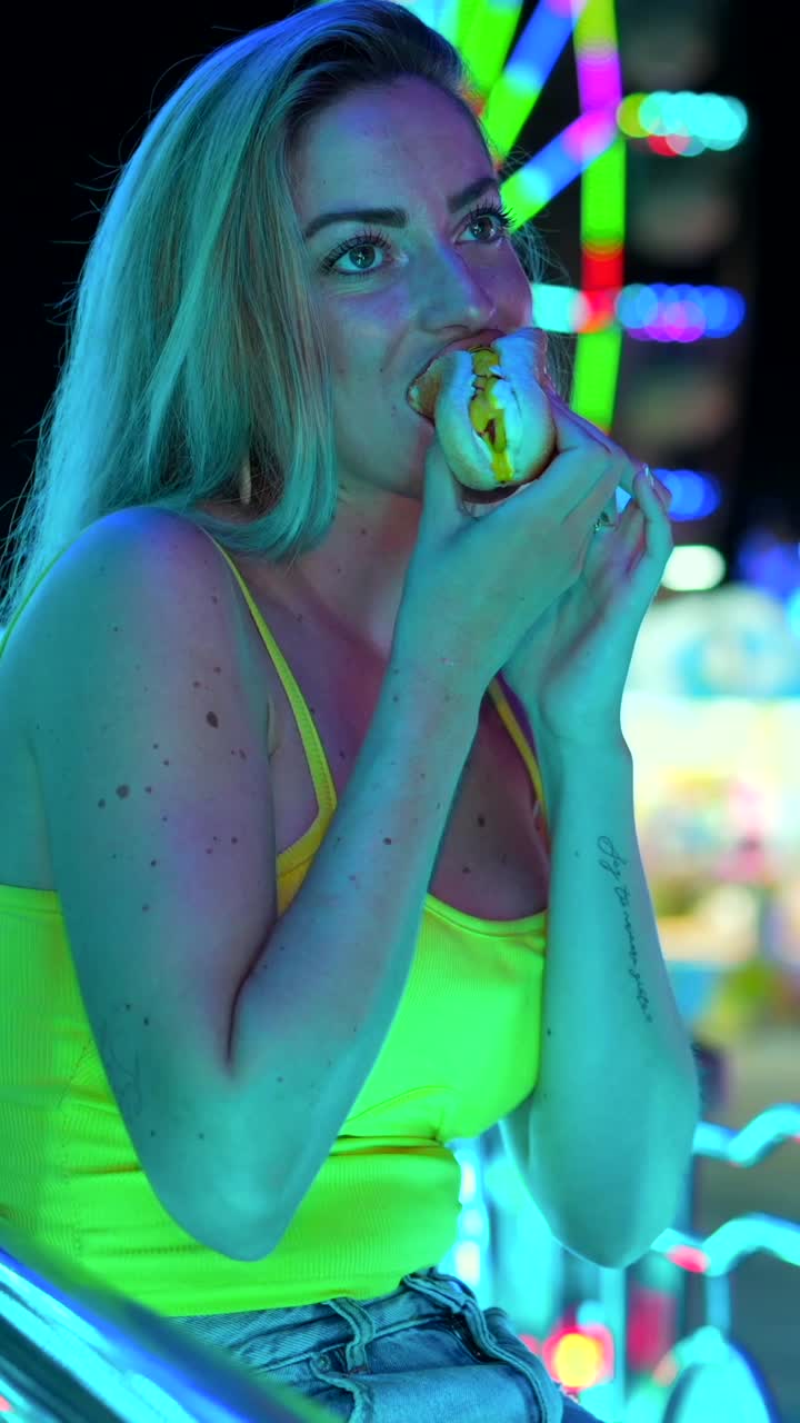 Woman eating food at a carnival