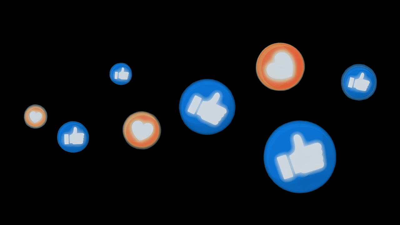 Ícones de Reação de Curtir e Coração de Redes Sociais Flutuando em Fundo Preto