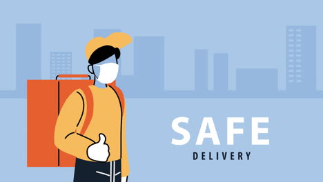 safe delivery courier wearing medical mask with transport box