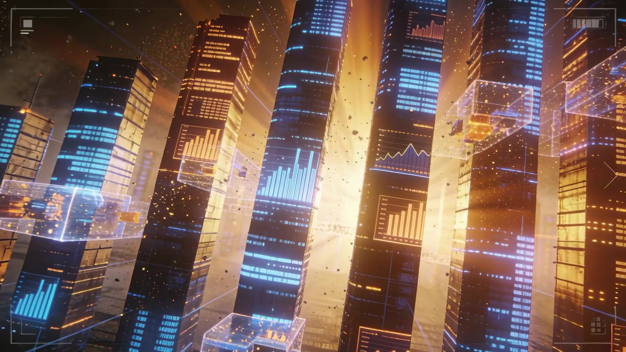 Telecamera che avanza su torri di dati illuminate che crescono in una città di dati, con cubi di dati fluttuanti che rivelano grafici blu.