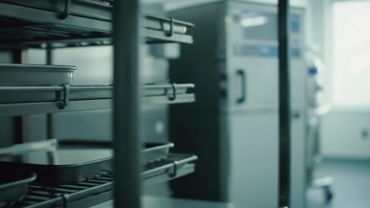 Exploring the Gleaming Interior of a Commercial Kitchen with Stainless Steel Racks and Stainless Equipment for Food Preparation and Storage