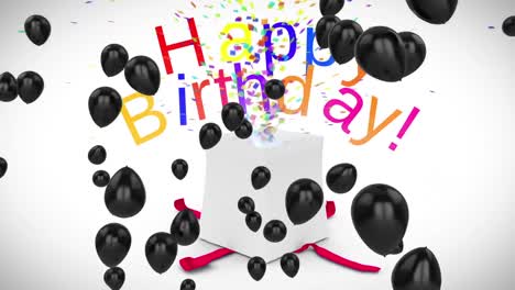 animación de globos negros sobre la apertura de la caja de regalos liberando texto de feliz cumpleaños y confeti