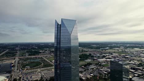 aerial view of the oklahoma city skyline, featuring a modern glass skyscraper