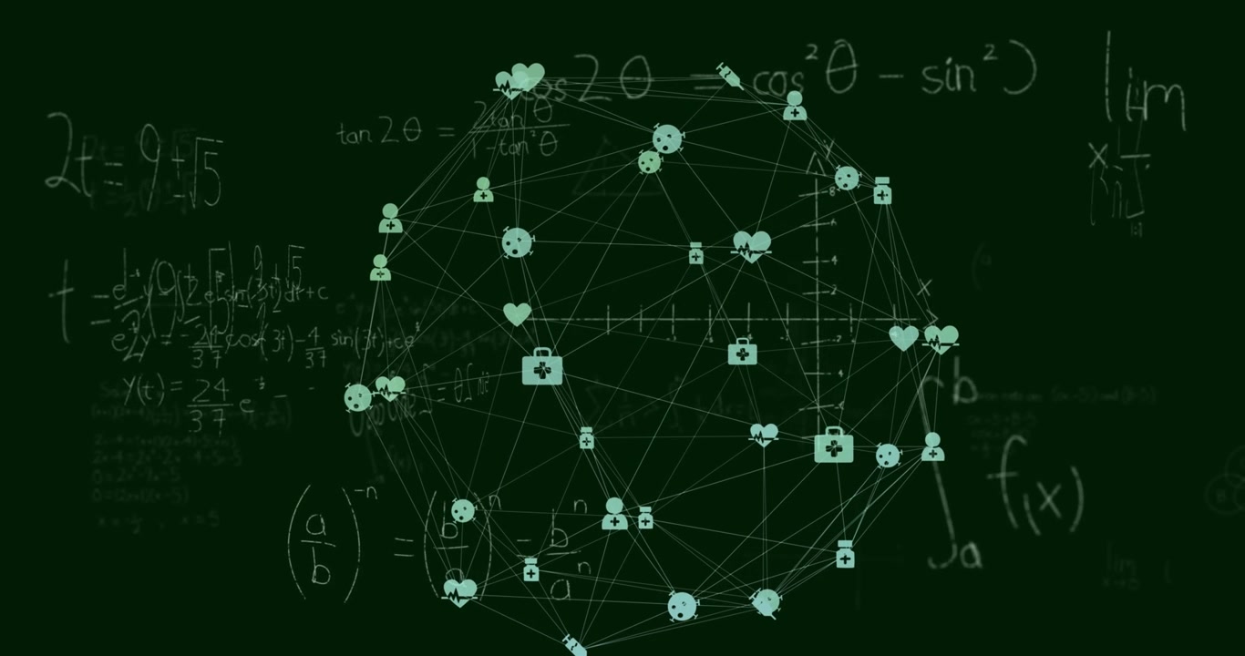 Animation of network of connections with icons over mathematical equations on black background