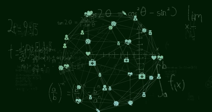 Animation of network of connections with icons over mathematical equations on black background