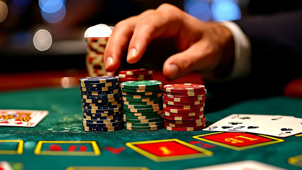 Kasinosjetonger stablet under en spillekveld. En hånd plasserer sjetonger på et grønt bord mens kort vises foran, noe som skaper en spillekveldsscene på et kasino