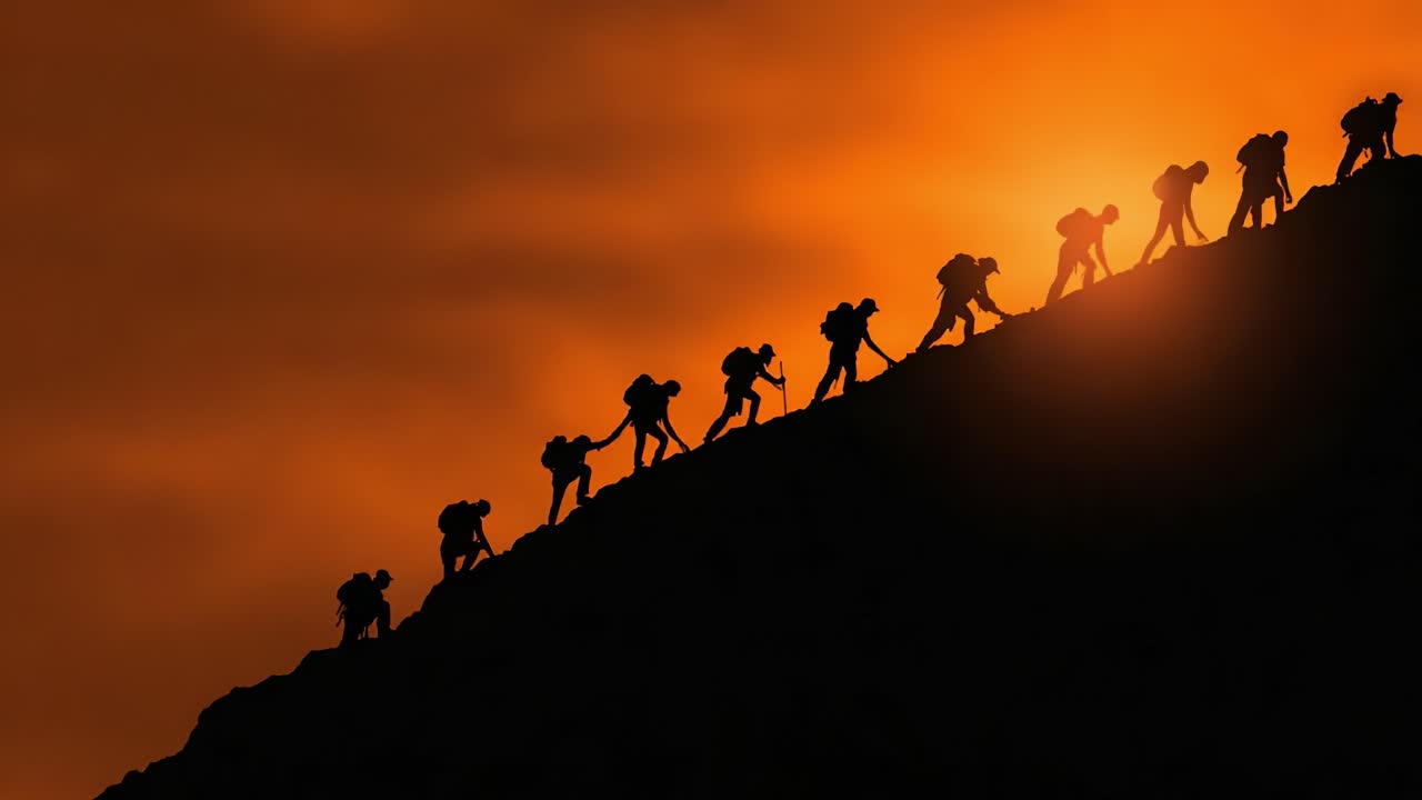 Silhouettes de grimpeurs progressant vers le sommet sur fond d'un magnifique coucher de soleil orangé, soulignant l'esprit d'aventure et le travail d'équipe dans des environnements exigeants.