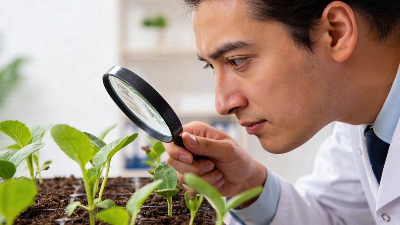 白衣とネクタイを着用した植物学者がベンチで苗を調べ、葉を検査するために拡大鏡を動かしている。