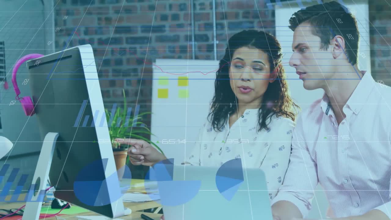 animación del procesamiento de datos estadísticos contra hombres y mujeres diversos discutiendo en la oficina