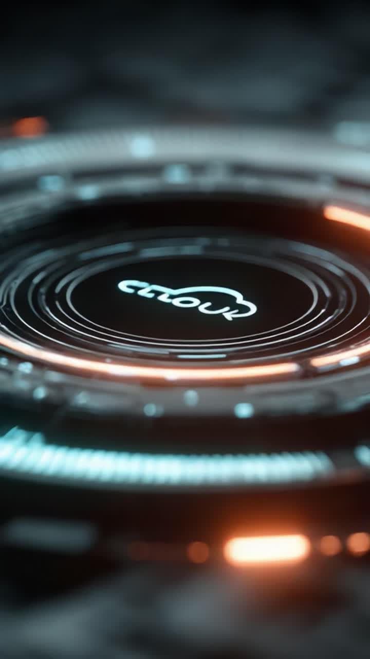 Un'interfaccia futuristica che mostra una tecnologia di cloud computing dinamica con elementi circolari integrati e design illuminati per una user experience migliorata