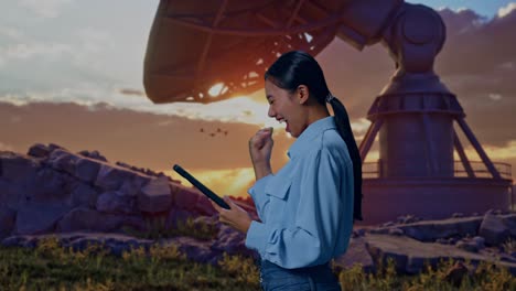 side view of an asian female professional worker standing with her tablet with large satellite dish, she raises her fist up with screaming goal after check on the tablet