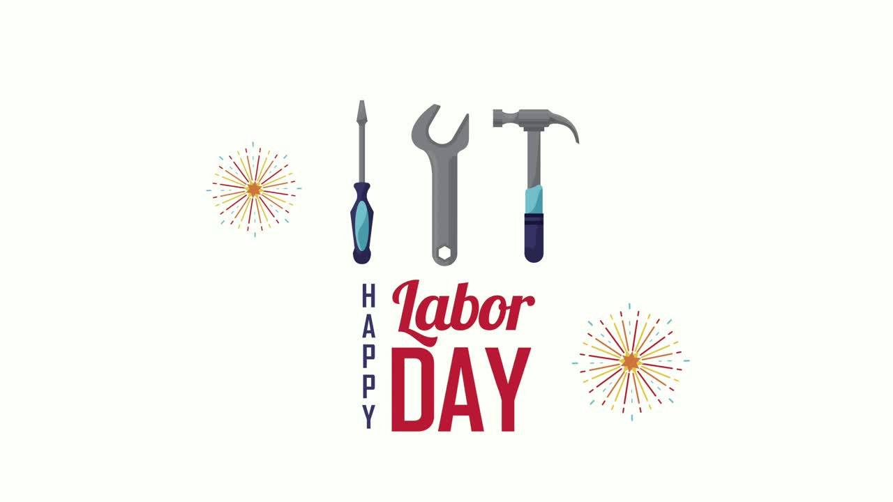 도구와 불꽃놀이와 함께 미국 노동의 날 글자