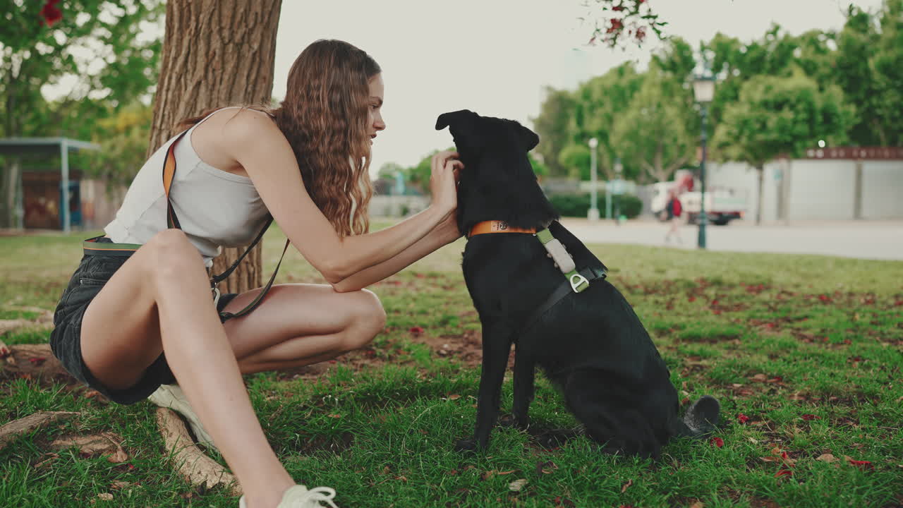 Mulher acariciando seu cachorro preto no parque