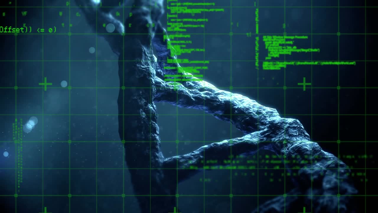 Animation of data processing over 3d dna strand spinning