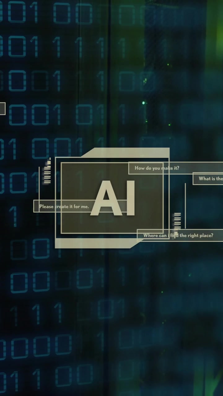 Animation of ai text, binary coding data processing over computer servers