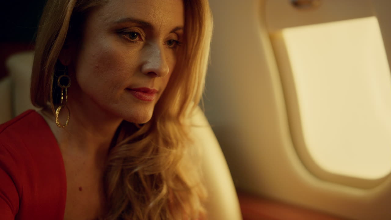 ceo는 노트북 컴퓨터 클로즈업에 집중합니다. 성공적인 여성은 개인 제트기로 일합니다.