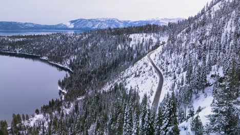 Aerial-view-of-Emerald-Bay-scenic-outlook-in-winter,-Lake-Tahoe,-California