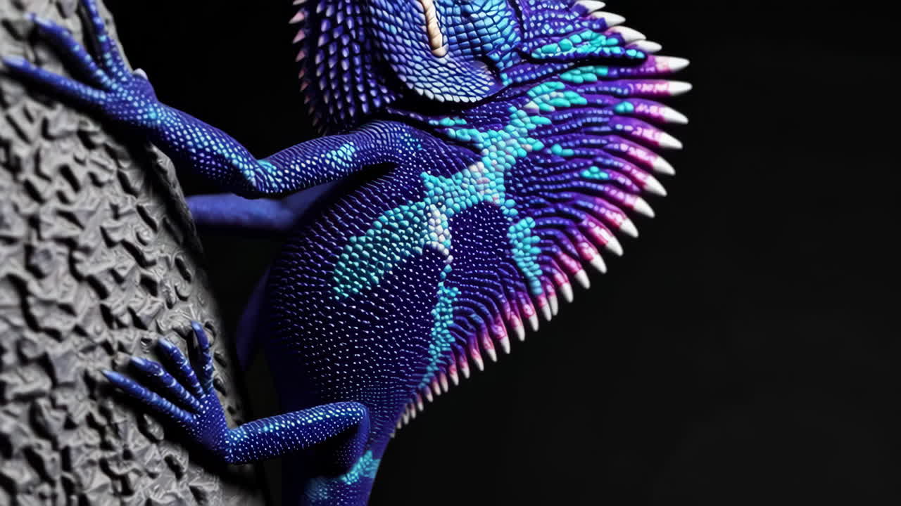 Vibrant Purple and Blue Iguana on a Tree Trunk