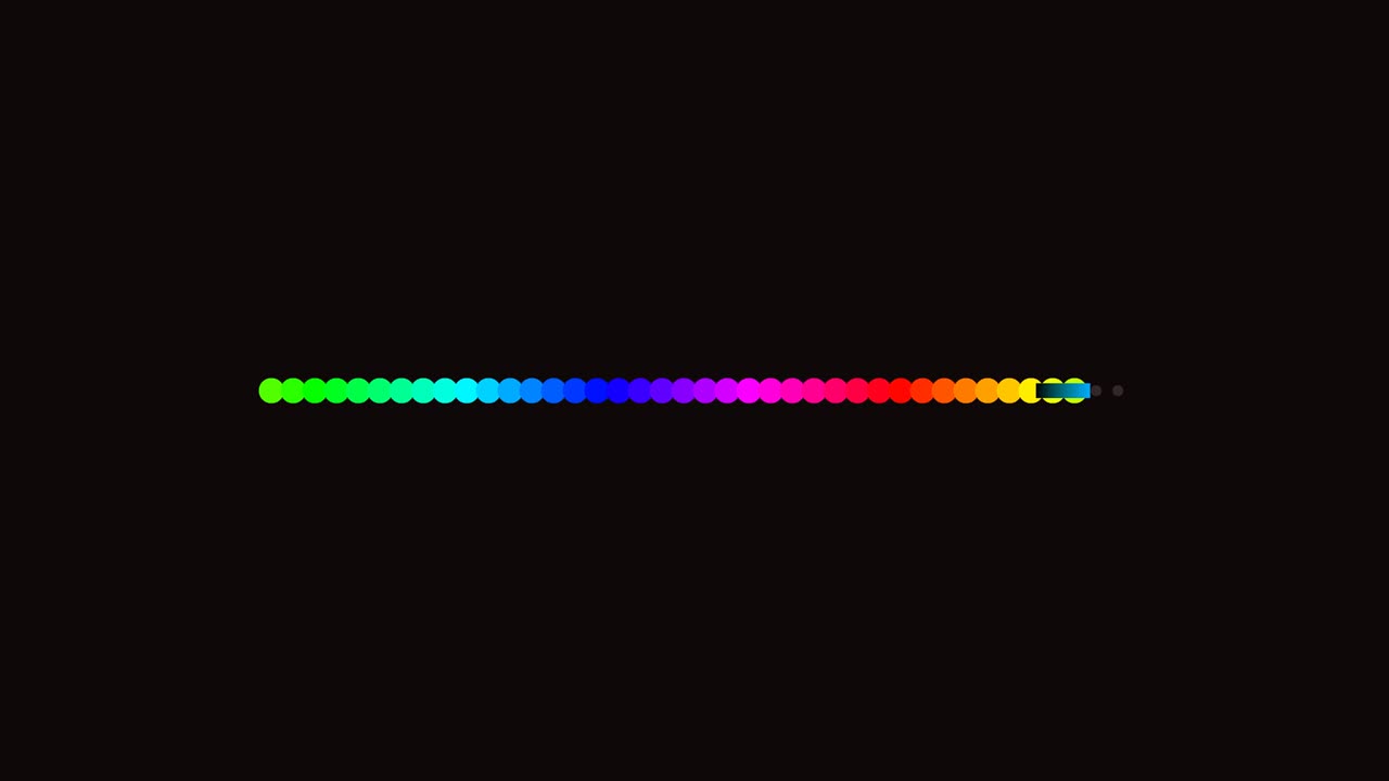 Colorful loading bar is displayed on a dark background. It features round dots in various colors. This progress bar is useful for video creators and online projects