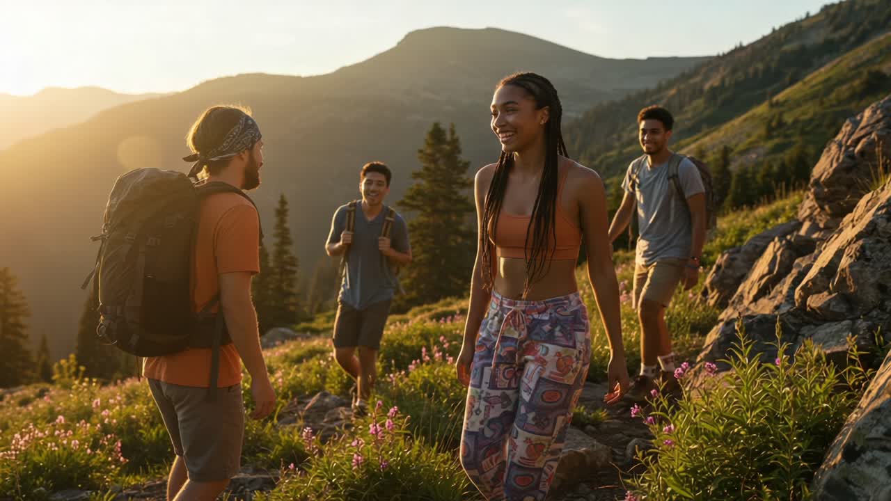 A Group of Friends Enjoying a Vibrant Sunset Hike in the Mountains, Sharing Laughter and Adventure Amidst Lush Greenery and Colorful Wildflowers