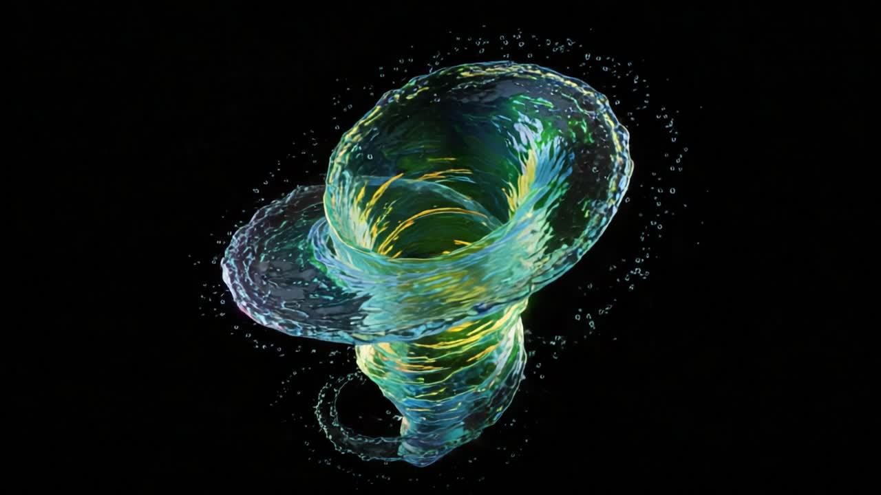 A Stunning Visual Representation of a Dynamic Water Tornado, Highlighting the Elements of Fluid Motion and Colorful Illumination Against a Dark Background