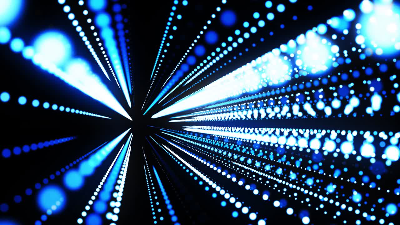 abstract 3d loop background with glowing particles lined up in rows in 3d space. Festive vj loop with blue particles and smooth animated camera. Motion design background