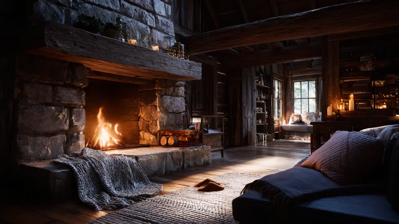 Cozy Cabin Interior with a Warm Fireplace, Inviting Textiles, and Rustic Decor, Capturing the Essence of Home Comforts and Natural Elegance in a Serene Setting
