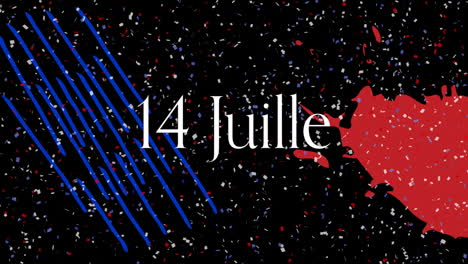 14 juillet text animation over confetti and abstract shapes on black background