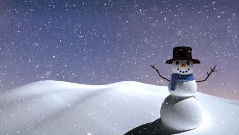 snow falling over snowman on winter landscape against purple gradient background