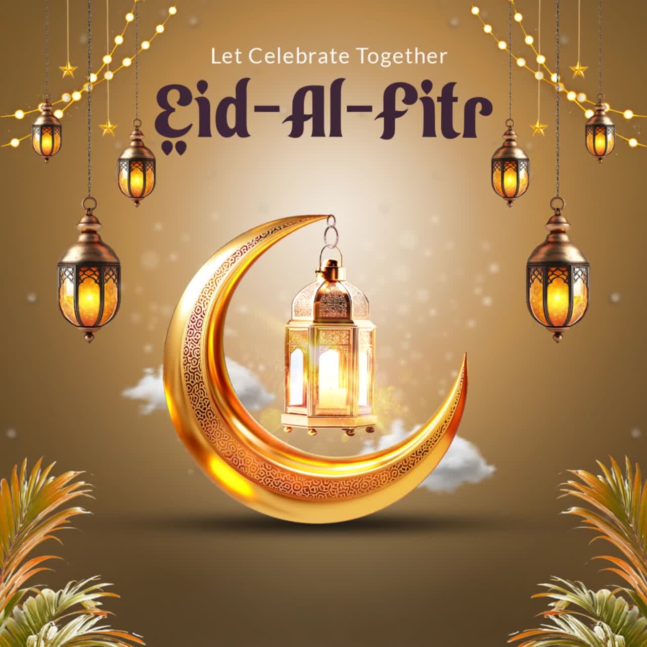 Luna crescente dorata con lanterna illuminata e luci festive pendenti che celebrano Eid Al Fitr Mubarak su uno sfondo dorato caldo.