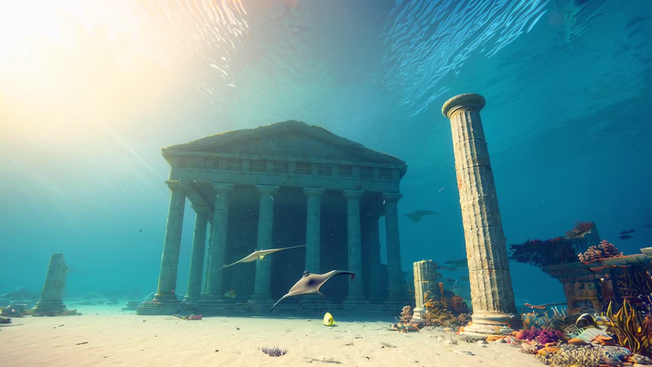 Gamle undervandstempelruiner med manta-rokker og sollys